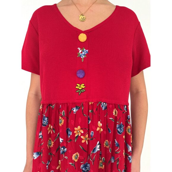 90s vintage red novelty floral print cottage kitschy ribbed casual maxi dress - Picture 6 of 9